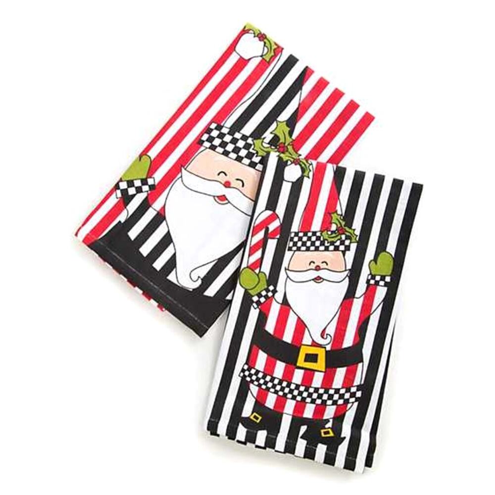 MACKENZIE-CHILDS Jolly Santa Cotton Kitchen Dish Towels Set of 2 Christmas NEW